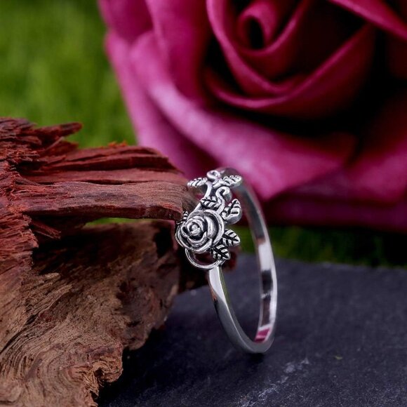 Women's Tiny Rose Flower Silver Ring Stacking Minimalist Personalized - Picture 5 of 8